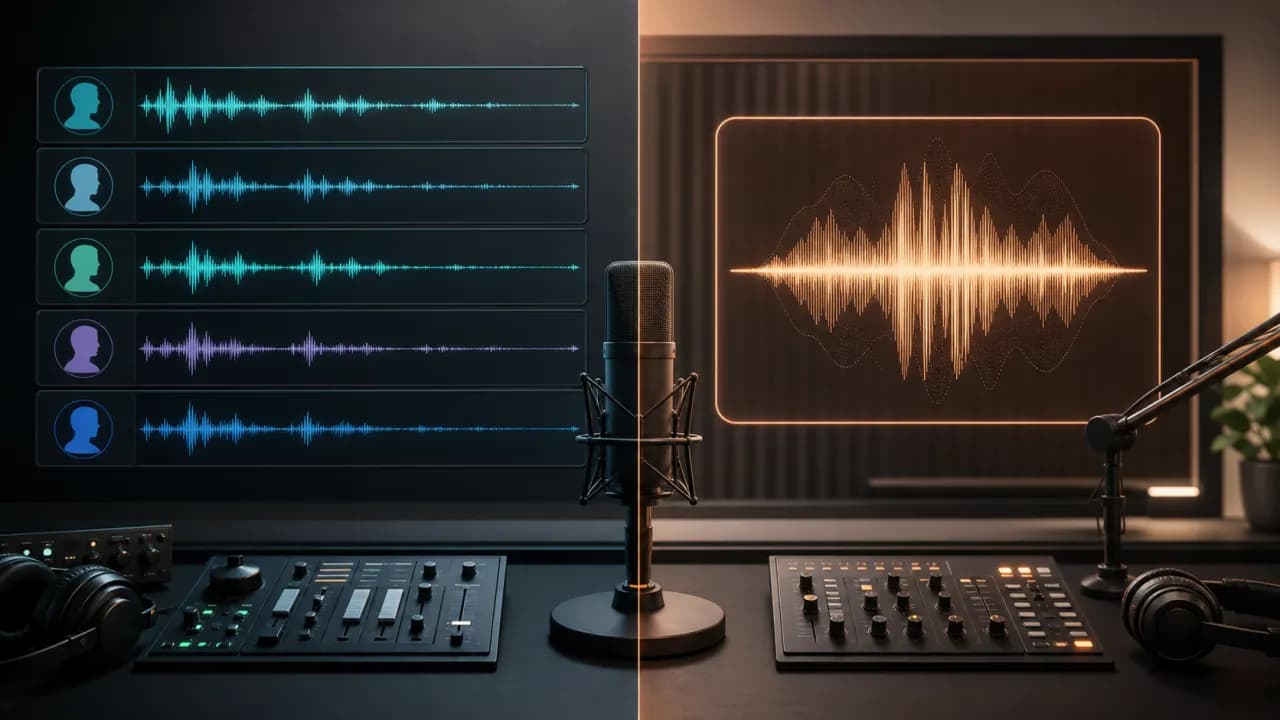 Side-by-side comparison of an AI voice library and a cloned voice waveform