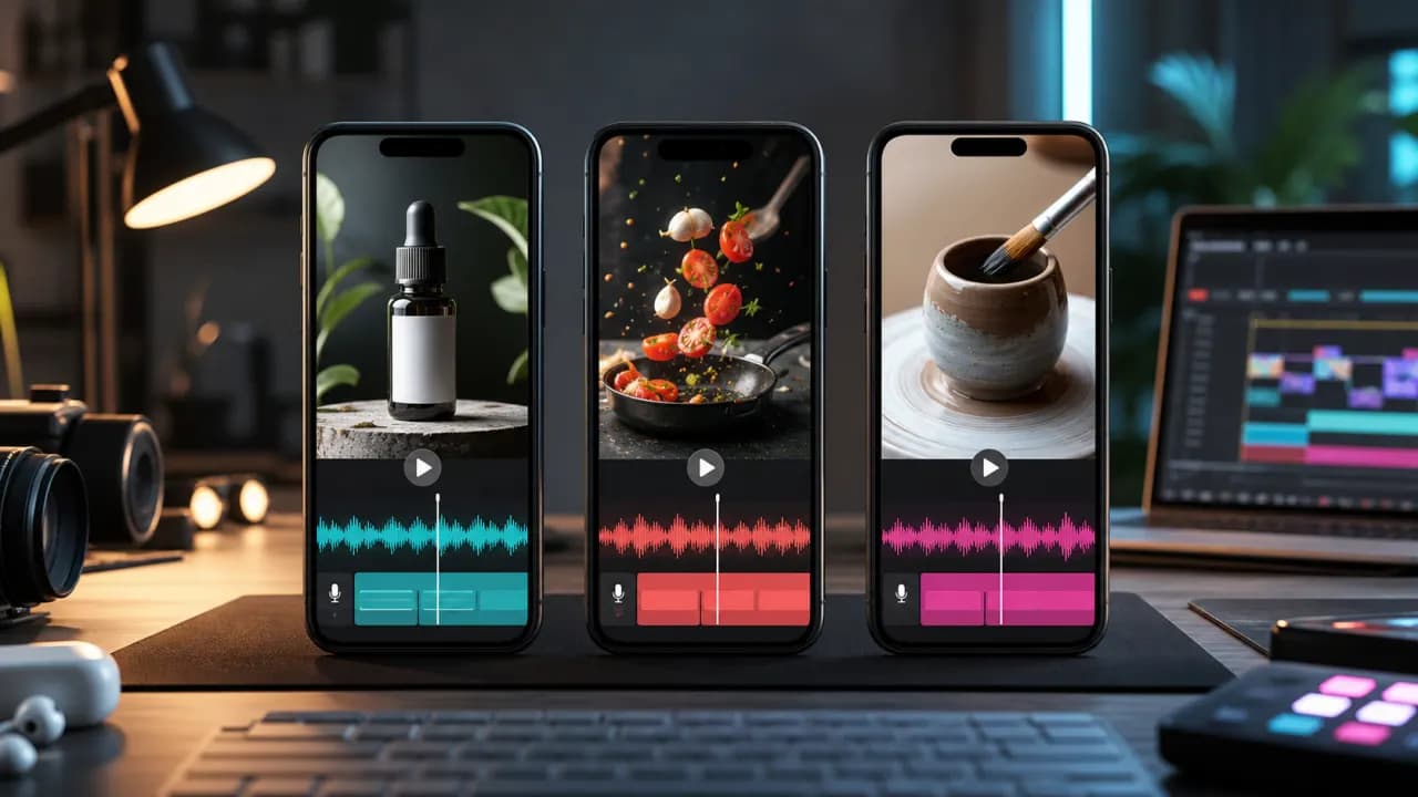 Three vertical short-video previews with colorful AI voiceover waveforms