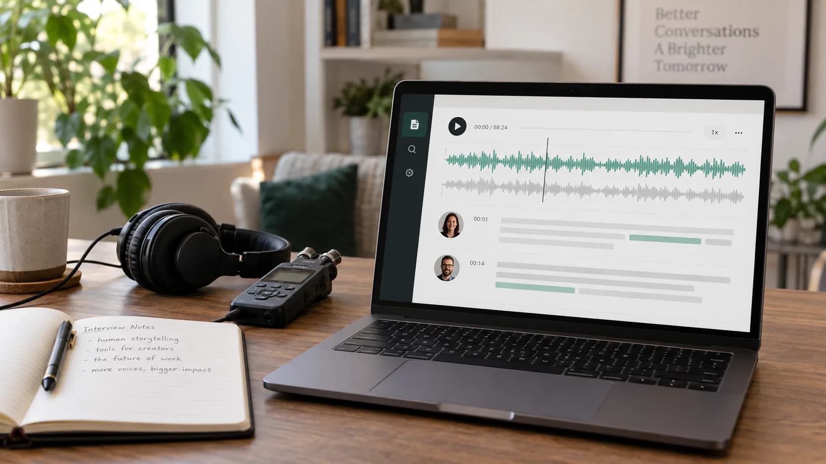 Audio transcription workspace with waveform, timestamps, and speaker labels
