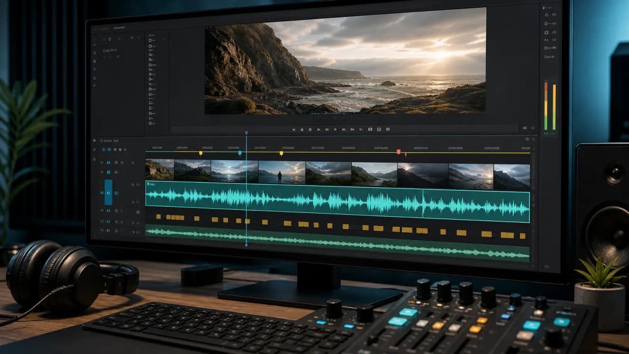 Video editing timeline with synchronized AI narration and audio tracks