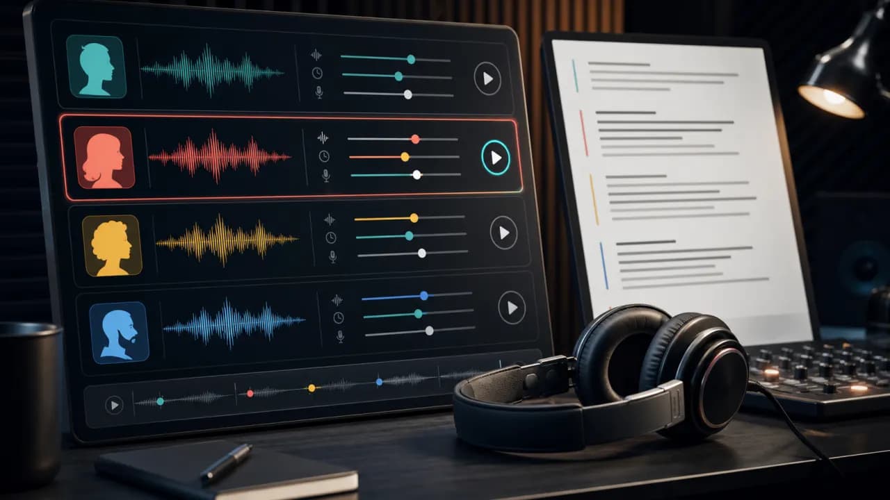 AI voice audition interface comparing several voice profiles for one script