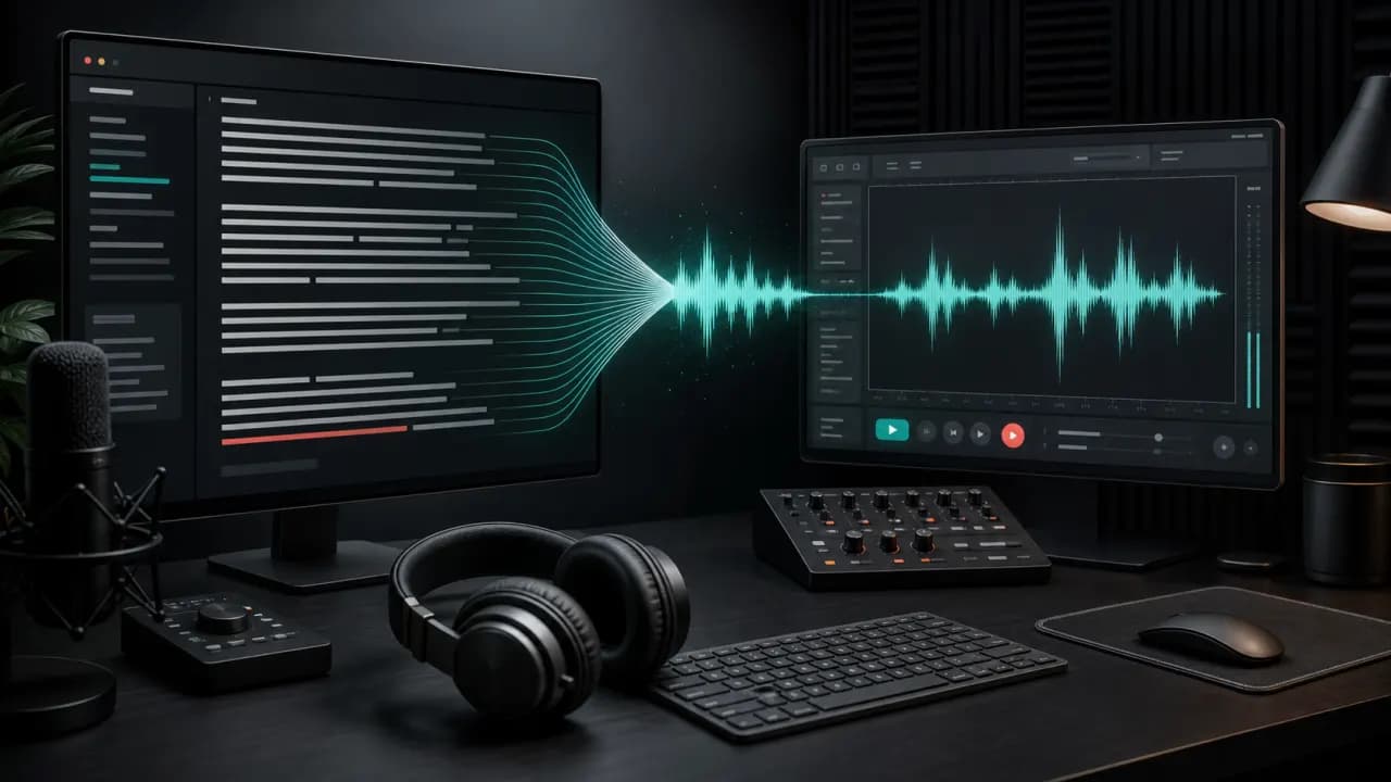 AI voiceover workspace transforming a written script into an audio waveform