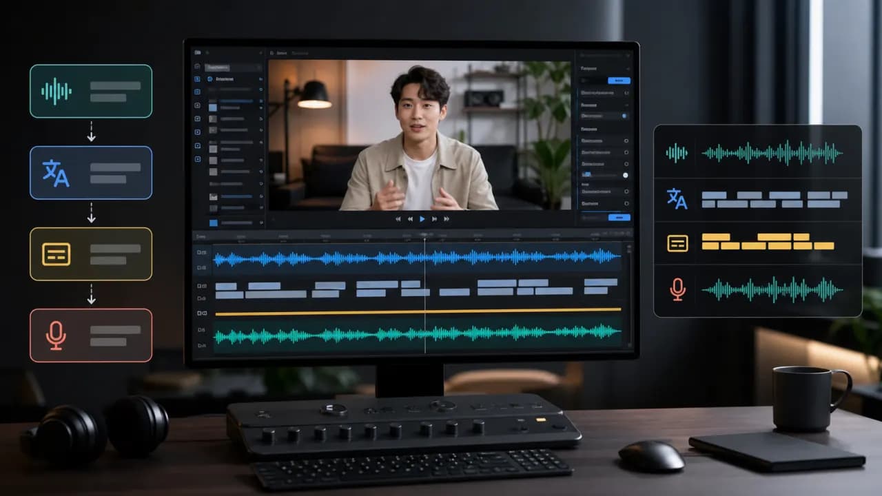 AI workflow translating a creator video into English subtitles and dubbing