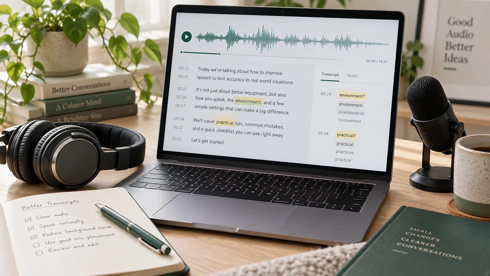 Reviewer checking uncertain words beside an audio waveform