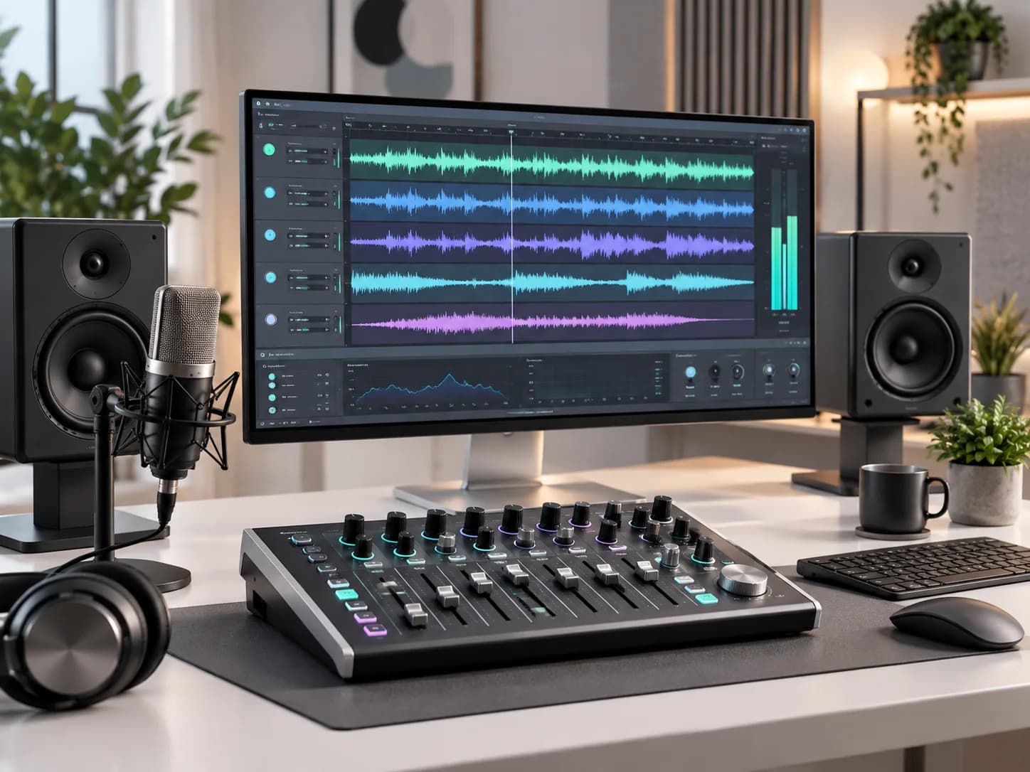 AI audio studio with multitrack waveforms and a mixing console