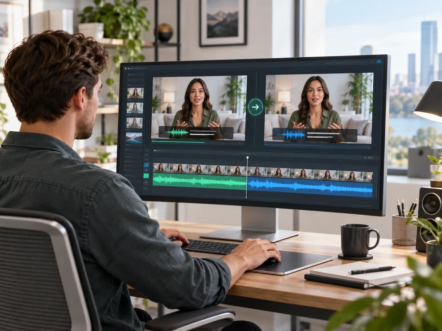 Creator translating a video in a dual-preview workspace
