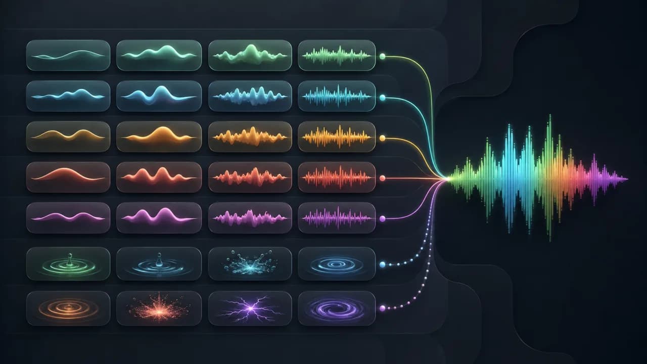 A visual library of colorful emotion waveforms merging into an expressive AI voice