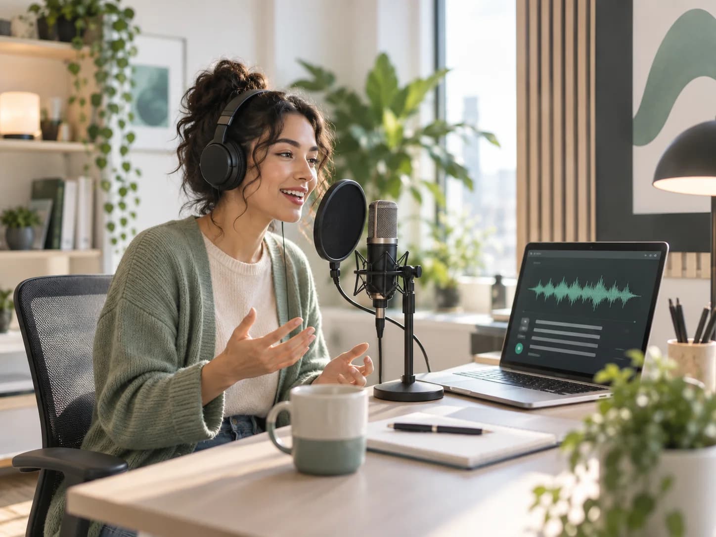 Creator using a text-to-speech workspace at a recording desk
